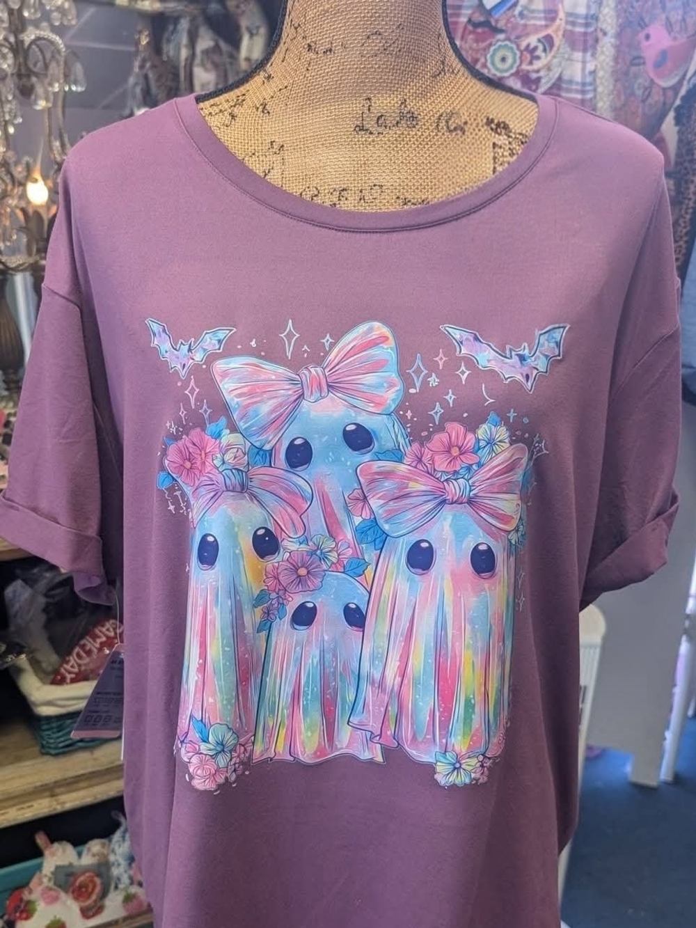 Women's Purple Ghost Graphic Tee with Pastel Bows